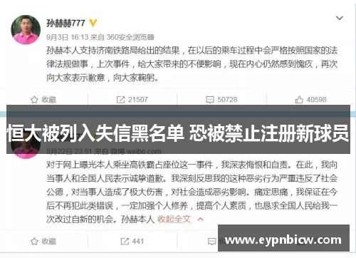 恒大被列入失信黑名单 恐被禁止注册新球员